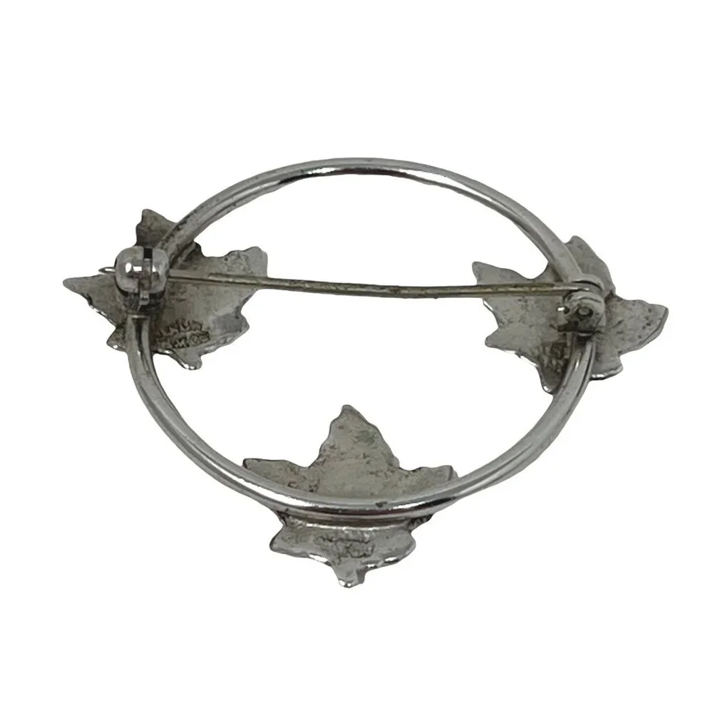 EMC Brooch Circle Maple Leaf Silver Tone Vintage Signed Pin‎